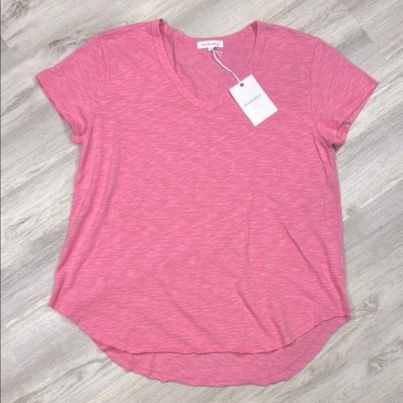 Mododoc Agave Pink Relaxed Fit Curve Hem Short Sleeve V-Neck Cotton Burnout Tee - Picture 1 of 5